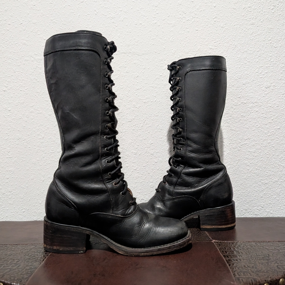 Rare Frye Campus Lug Vintage Lace Up Knee-High Black Antique Leather Boot Size 6 - Picture 6 of 15